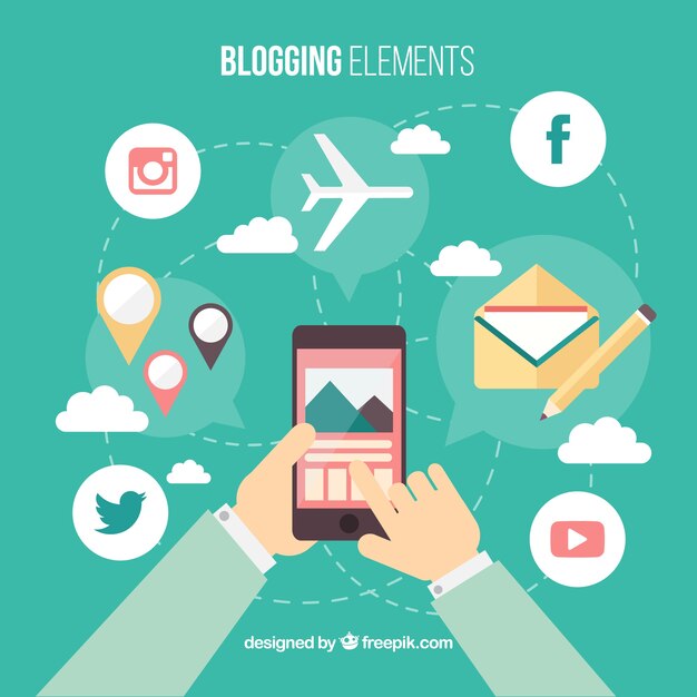 Sfondo di persona con elementi mobili e di blog in design piatto