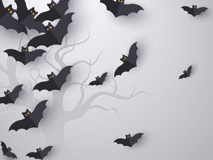 Sfondo di pipistrelli volanti con spazio di copia. stile di taglio della carta 3D. Sfondo grigio con sagoma di albero per le vacanze di Halloween. Illustrazione vettoriale.
