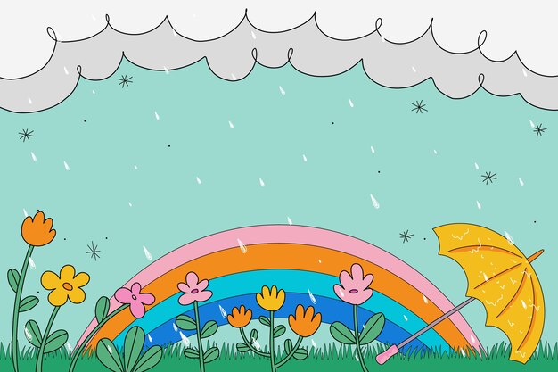 Sfondo di stagione dei monsoni disegnato a mano con arcobaleno e ombrello