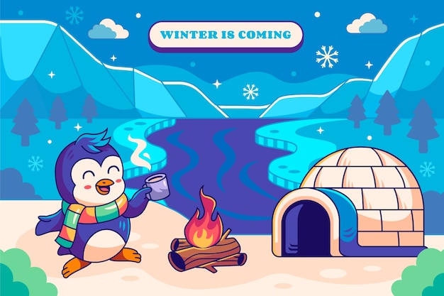 Sfondo disegnato a mano per la stagione invernale con pinguino e igloo