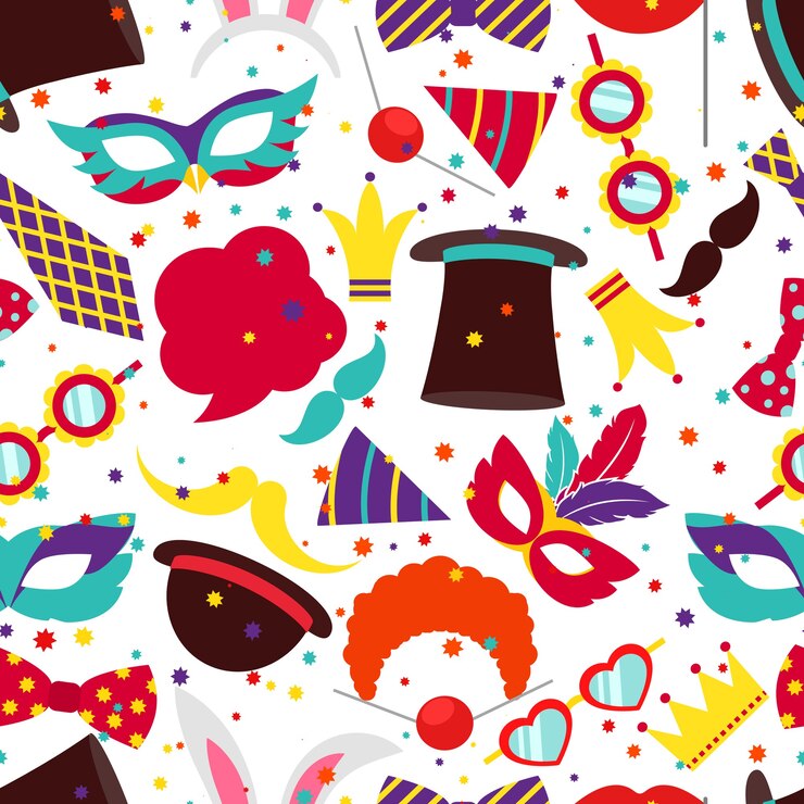 Vettore gratuito sfondo festa o modello di carnevale. maschera e cilindro, orecchie da coniglio, illustrazione vettoriale