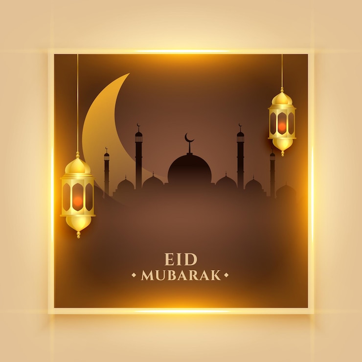 Vettore gratuito sfondo festivo di eid mubarak con lampada d'oro