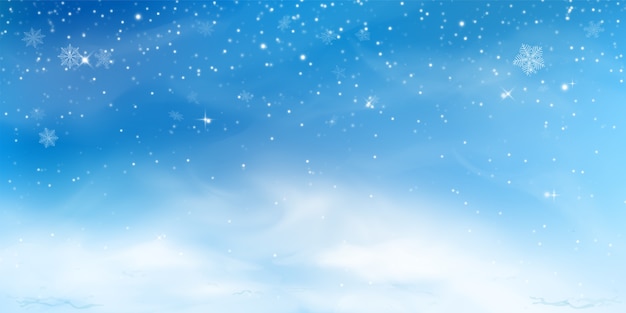 Sfondo invernale di neve. paesaggio del cielo con nuvole fredde, bufera di neve, fiocchi di neve stilizzati e sfocati, cumulo di neve in stile realistico.
