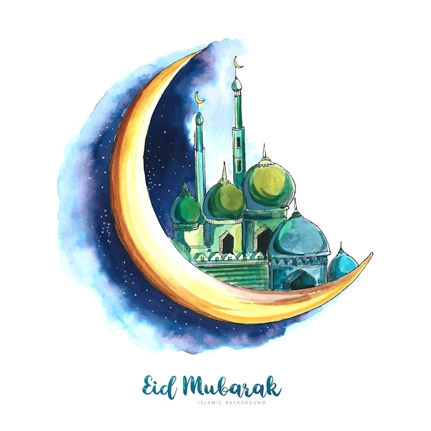 Sfondo islamico della luna e della moschea di Eid Mubarak