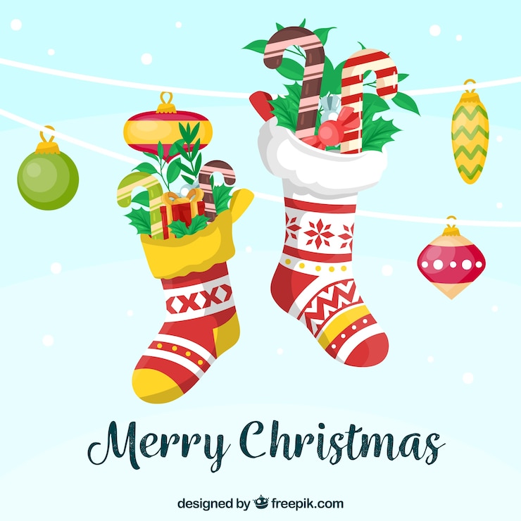 Vettore gratuito sfondo piatto con calze colorate di natale