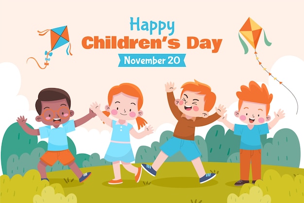Sfondo piatto per la celebrazione della giornata mondiale dei bambini con bambini che giocano