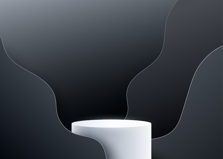 Sfondo podio 3D con forme liquide onda nera.