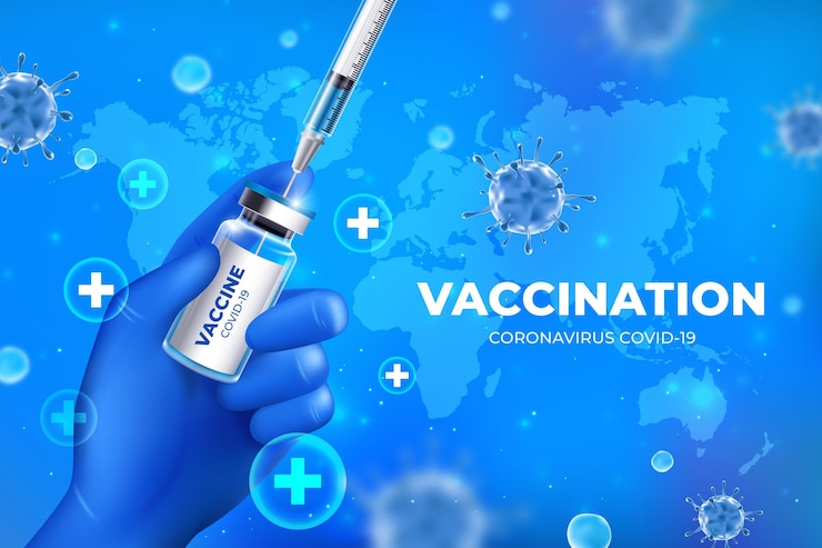 Vettore gratuito sfondo realistico del vaccino contro il coronavirus con la siringa della holding della mano