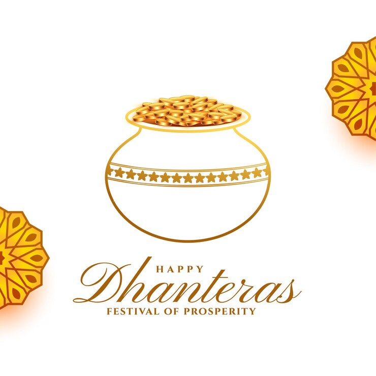 Vettore gratuito sfondo religioso decorativo felice dhanteras con moneta kalasha per il vettore di prosperità