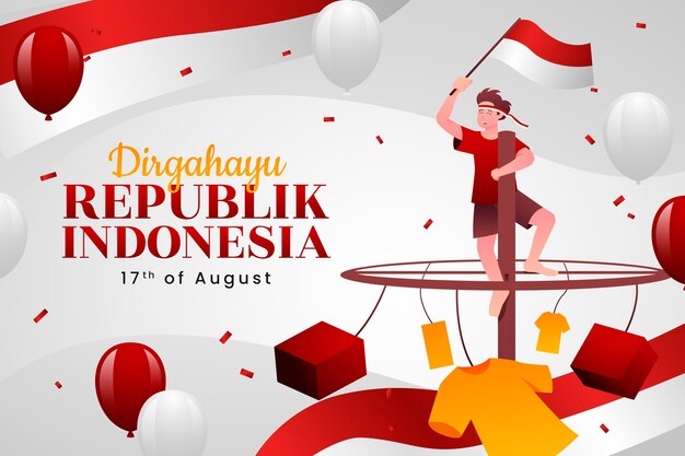 Sfondo sfumato del giorno dell'indipendenza dell'indonesia con una persona che tiene bandiera e palloncini