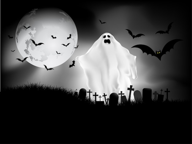 Sfondo spettrale di Halloween con fantasma nel cimitero