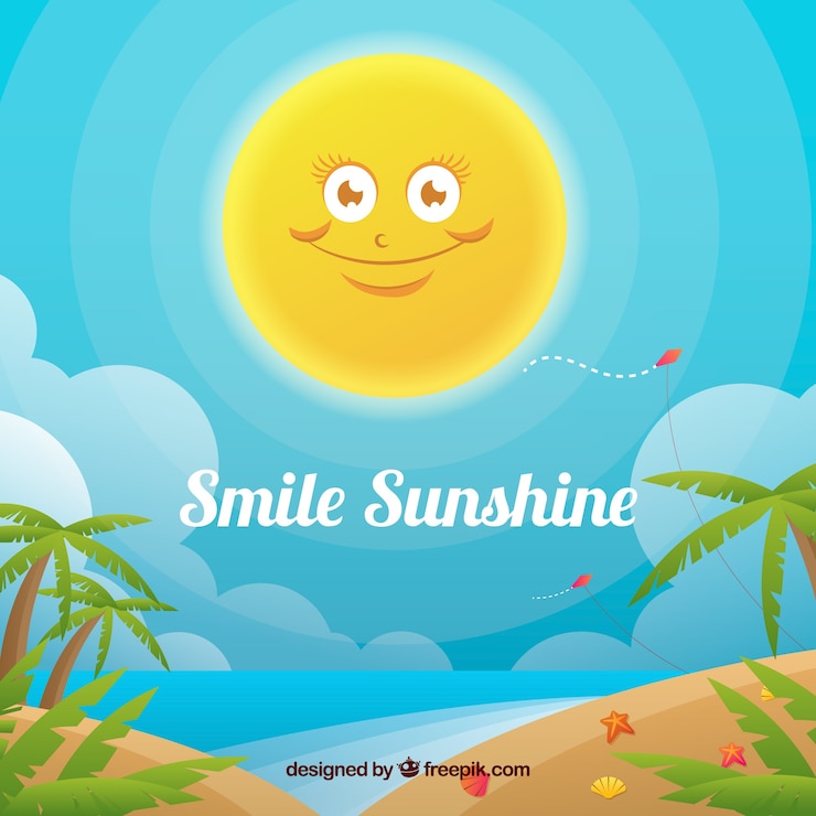 Vettore gratuito sfondo spiaggia con sole sorridente