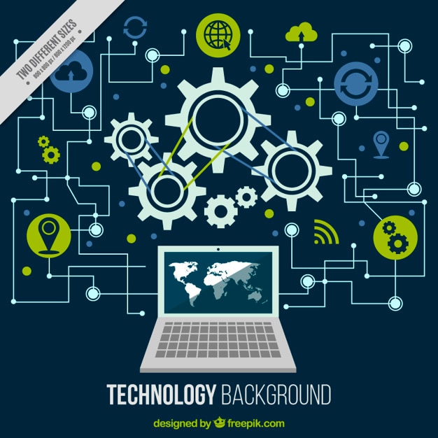 Vettore gratuito sfondo tecnologico con un computer e circuiti