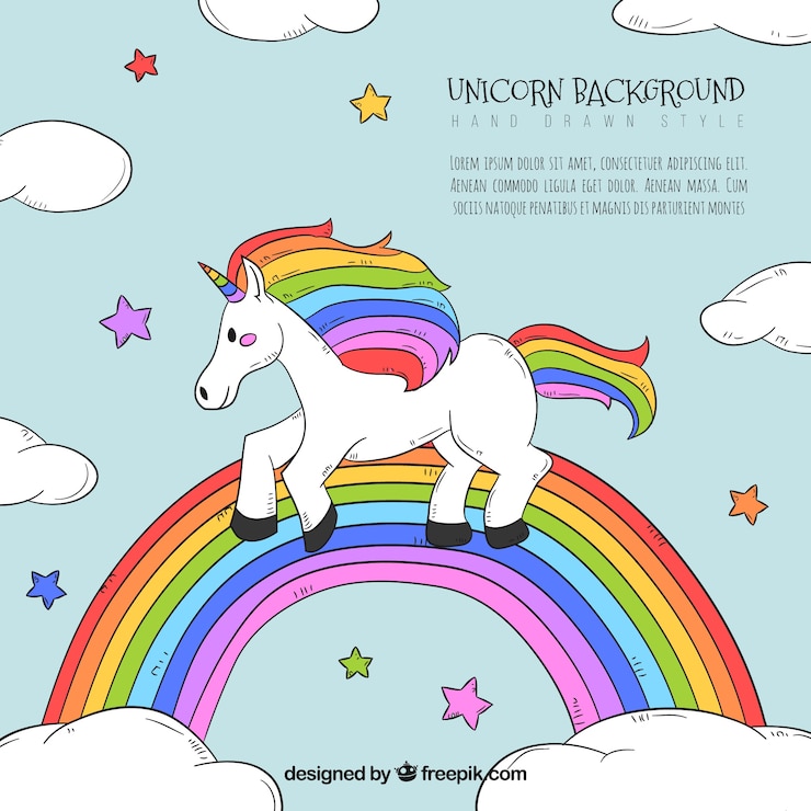Vettore gratuito sfondo unicorno con arcobaleno disegnato a mano