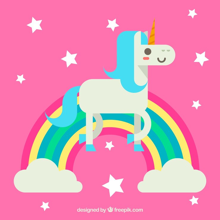 Vettore gratuito sfondo unicorno con arcobaleno e stelle in design piatto