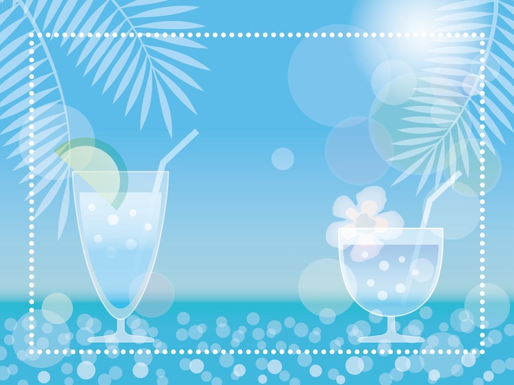 Vettore gratuito sfondo vacanze estive vettoriali con vista sull'oceano, cielo blu, bevande tropicali e spazio di testo