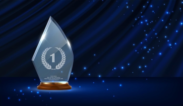 sfondo vettoriale realistico Trofeo di vetro con alloro su sfondo blu ondulato Celebrazione della nomina del vincitore
