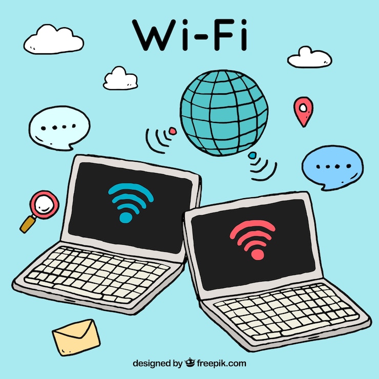 Vettore gratuito sfondo wifi con dispositivi elettronici in stile disegnato a mano