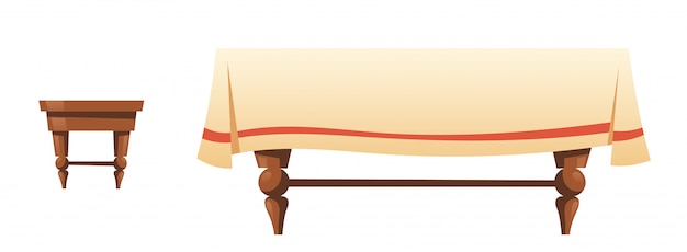 Sgabello e tavolo in legno con tela di lino