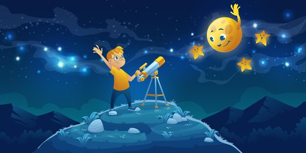Sguardo del bambino nel telescopio, ragazzino curioso agitando la mano alla luna e alle stelle amichevoli sul cielo notturno scuro con la Via Lattea.