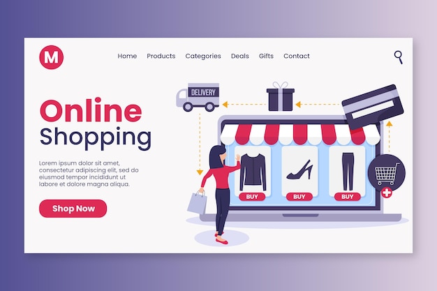 Shopping landing page online in design piatto