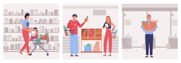Shopping nel concetto di design piatto del supermercato con persone che acquistano prodotti alimentari con illustrazione isolata del sacchetto di carta del cestino del carrello