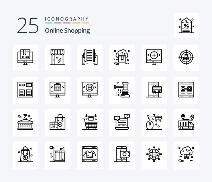 Vettore gratuito shopping online pacchetto icone 25 linee che include i dati di trasferimento del negozio cloud del negozio