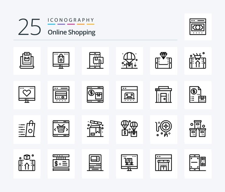 Vettore gratuito shopping online pacchetto icone 25 linee che include il pagamento per lo shopping del negozio di palloncini logistici