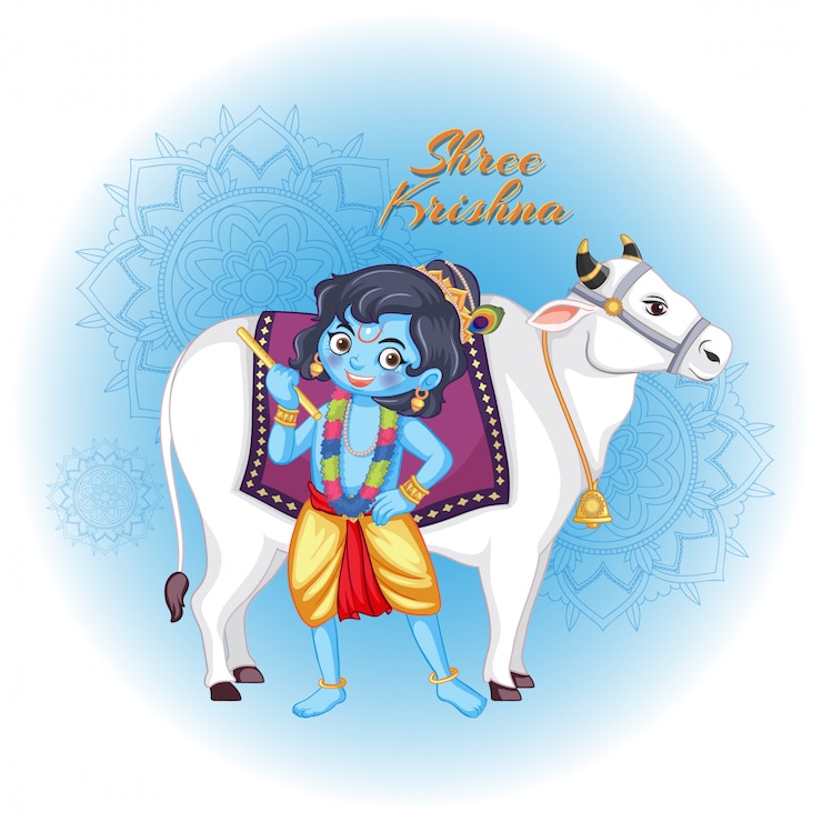 Vettore gratuito shree krishna con mucca