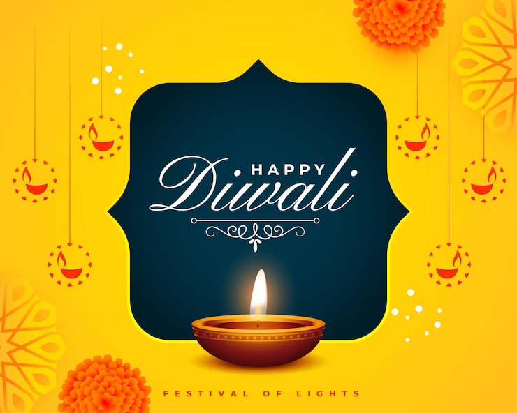Vettore gratuito shubh diwali luminoso diya sfondo giallo con decorazione floreale