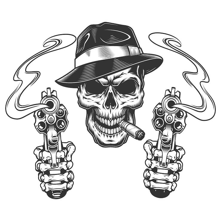 Vettore gratuito sigaro di fumo del cranio del gangster monocromatico vintage