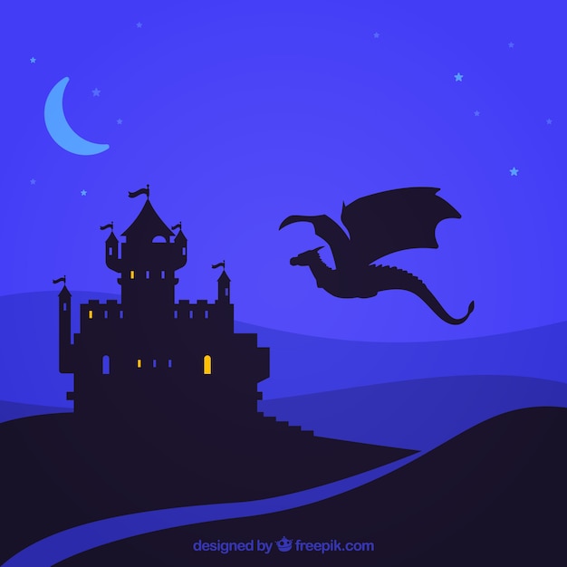 Silhouette del castello e drago volante