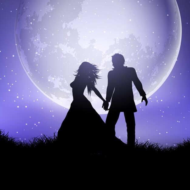 Silhouette di sposi contro un cielo illuminato dalla luna