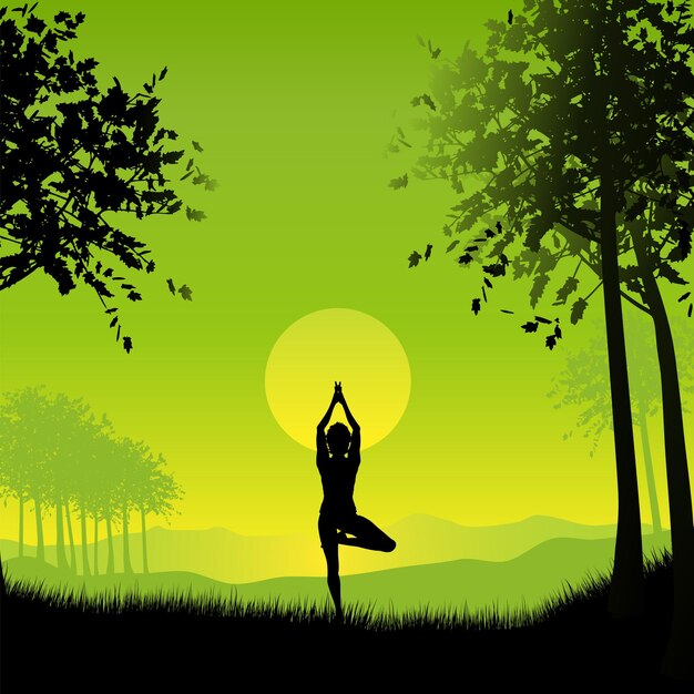 Silhouette di una donna in una posa yoga sotto un cielo al tramonto
