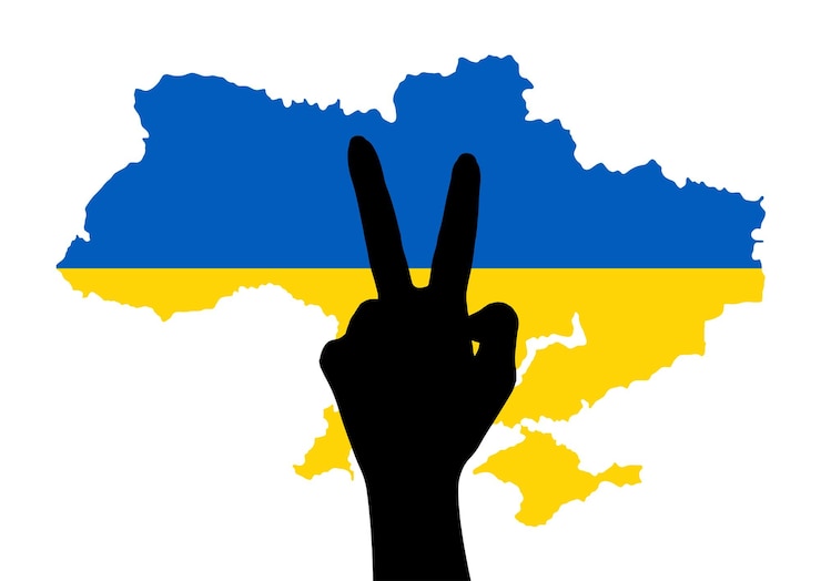 Vettore gratuito silhouette di una mano in segno di pace sulla mappa dell'ucraina