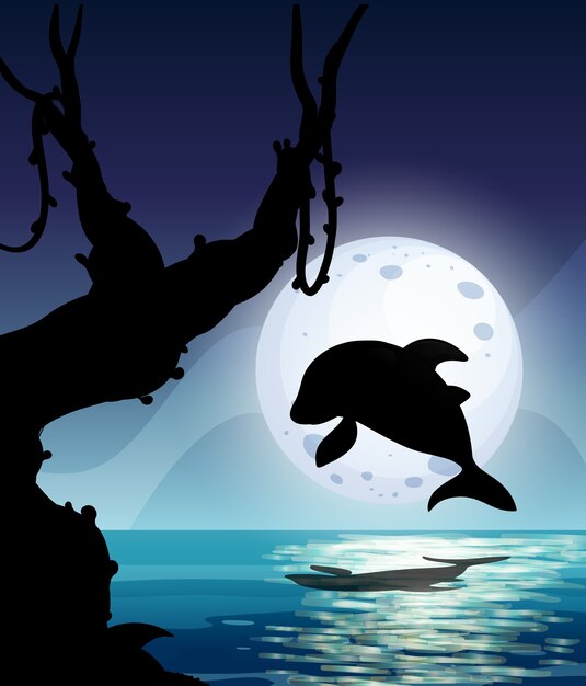 Siluete delfino che salta nel mare di notte