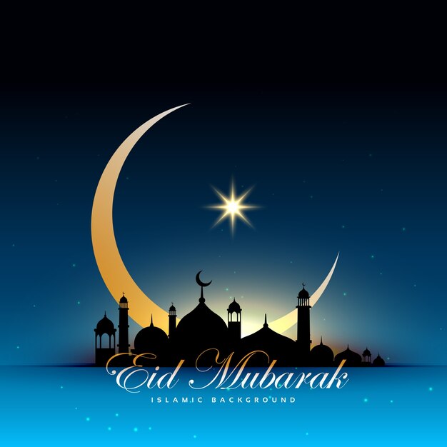 Siluetta della moschea nel cielo notturno con la luna crescente dorata e la stella