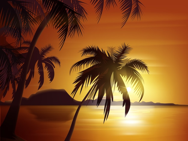 Siluetta delle palme di vettore con tramonto arancione, oceano e rocce