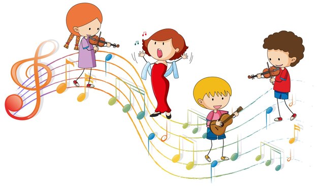 Simboli di melodia musicale con molti personaggi dei cartoni animati per bambini scarabocchiati