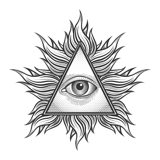 Simbolo della piramide occhio vedente tutto nello stile del tatuaggio dell'incisione. Massone e spirituale, illuminati e religione, triangolo magico,