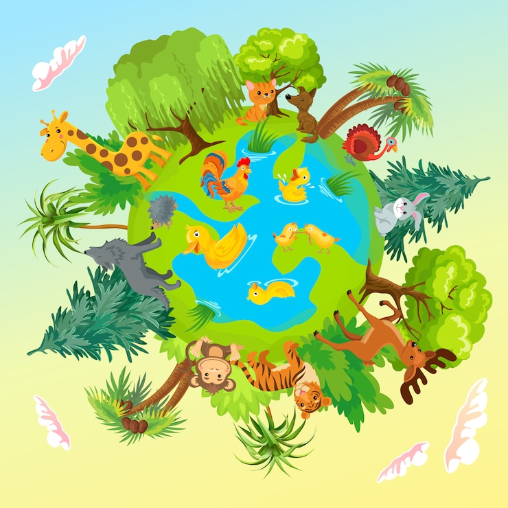 Vettore gratuito simpatici animali sul pianeta. protezione della terra.