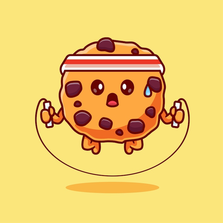 Vettore gratuito simpatici biscotti al cioccolato che giocano a saltare la corda cartoon vector icon illustration cibo sport isolato piatto