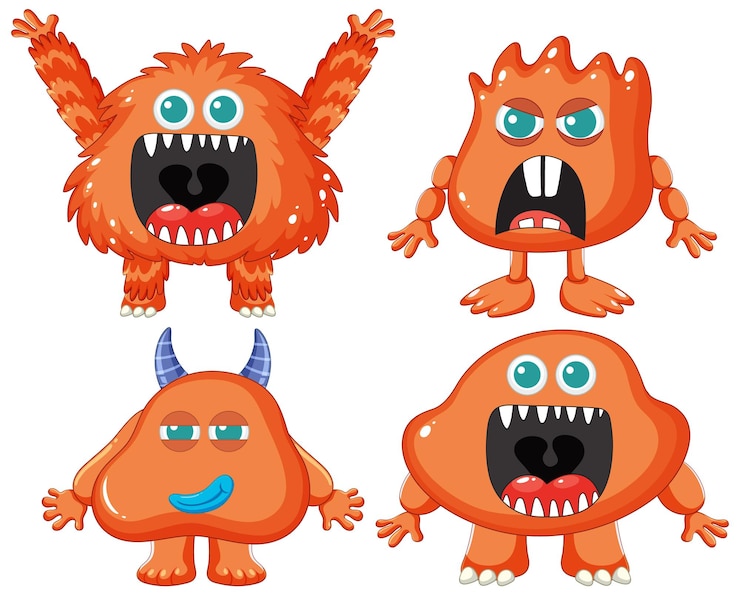 Vettore gratuito simpatici personaggi dei cartoni animati di mostri alieni arancioni
