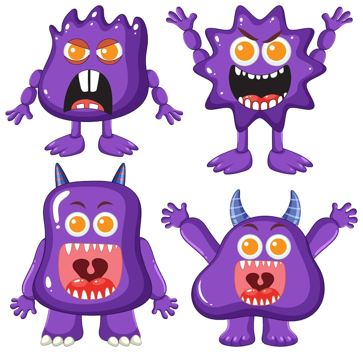 Vettore gratuito simpatici personaggi dei cartoni animati di mostri alieni viola