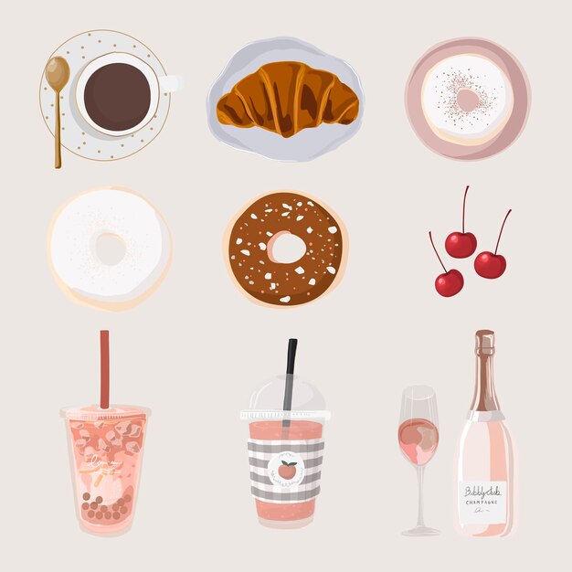 Simpatico adesivo da dessert, illustrazione femminile in set vettoriale rosa