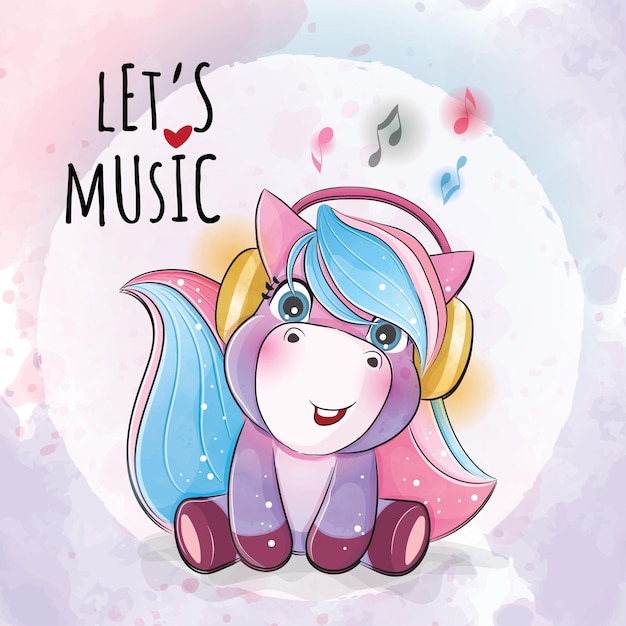 Simpatico animaletto unicorno con illustrazione musicale Simpatico personaggio acquerello animale