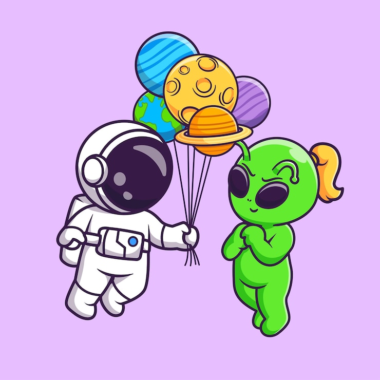 Vettore gratuito simpatico astronauta che dà il pallone del pianeta all'illustrazione dell'icona del vettore dei cartoni animati alieni tecnologia della scienza