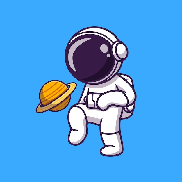 Simpatico astronauta che gioca a calcio pianeta Cartoon Illustration