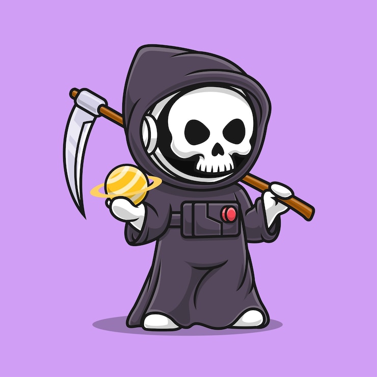 Vettore gratuito simpatico astronauta grim reaper con planet cartoon vector icon illustration science holiday isolated