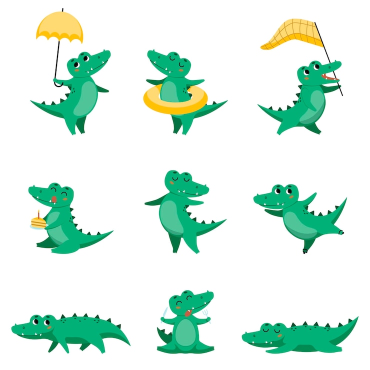 Vettore gratuito simpatico coccodrillo in diverse pose set di illustrazioni per cartoni animati. divertente coccodrillo che dorme, mangia, sta sotto l'ombrello, festeggia il compleanno e balla. giungla, concetto di animale predatore